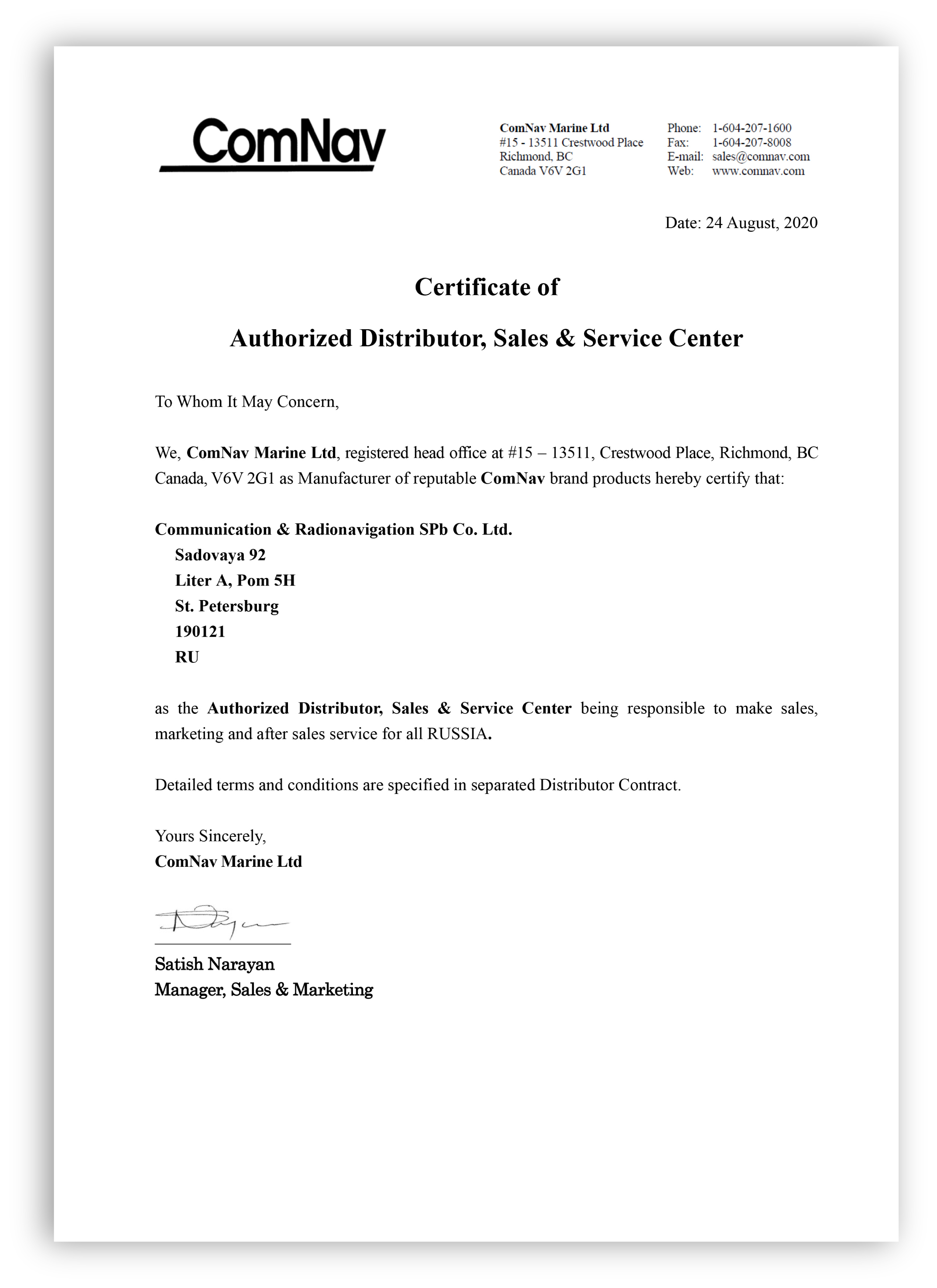 Certificate of Authorized Distributor, Sales & Service Center ComNav