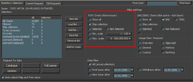 Корректура коллекции электронных карт формата TX-97 по маршруту. С настройками Chart Assistant.