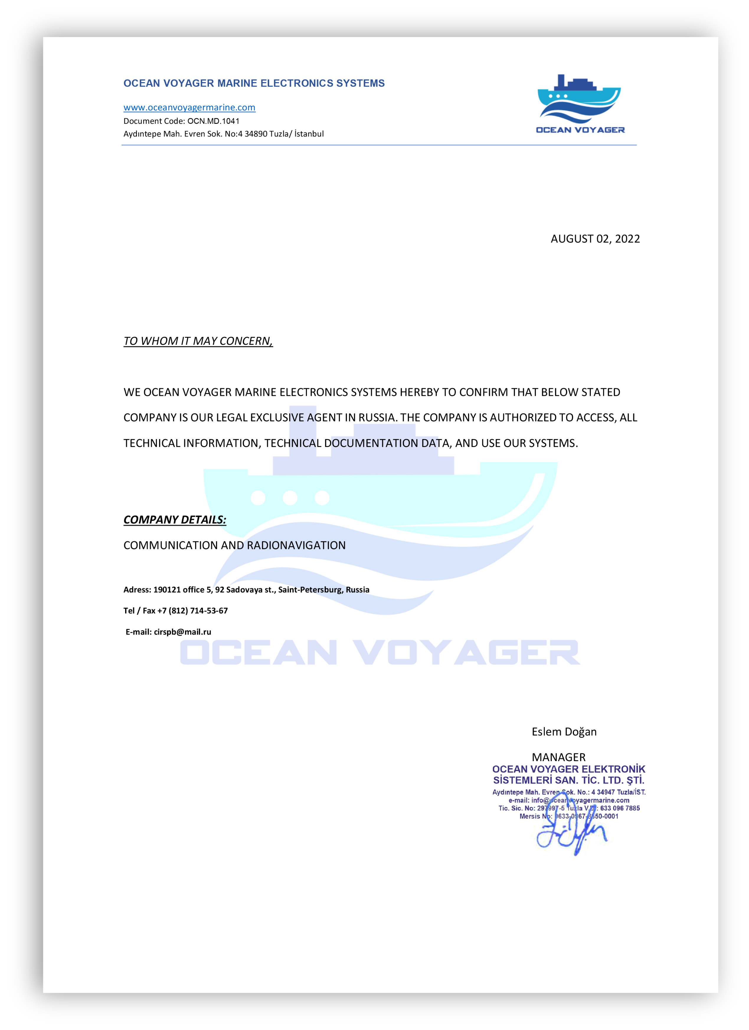 Letter OCEAN VOYAGER MARINE ELECTRONICS SYSTEMS