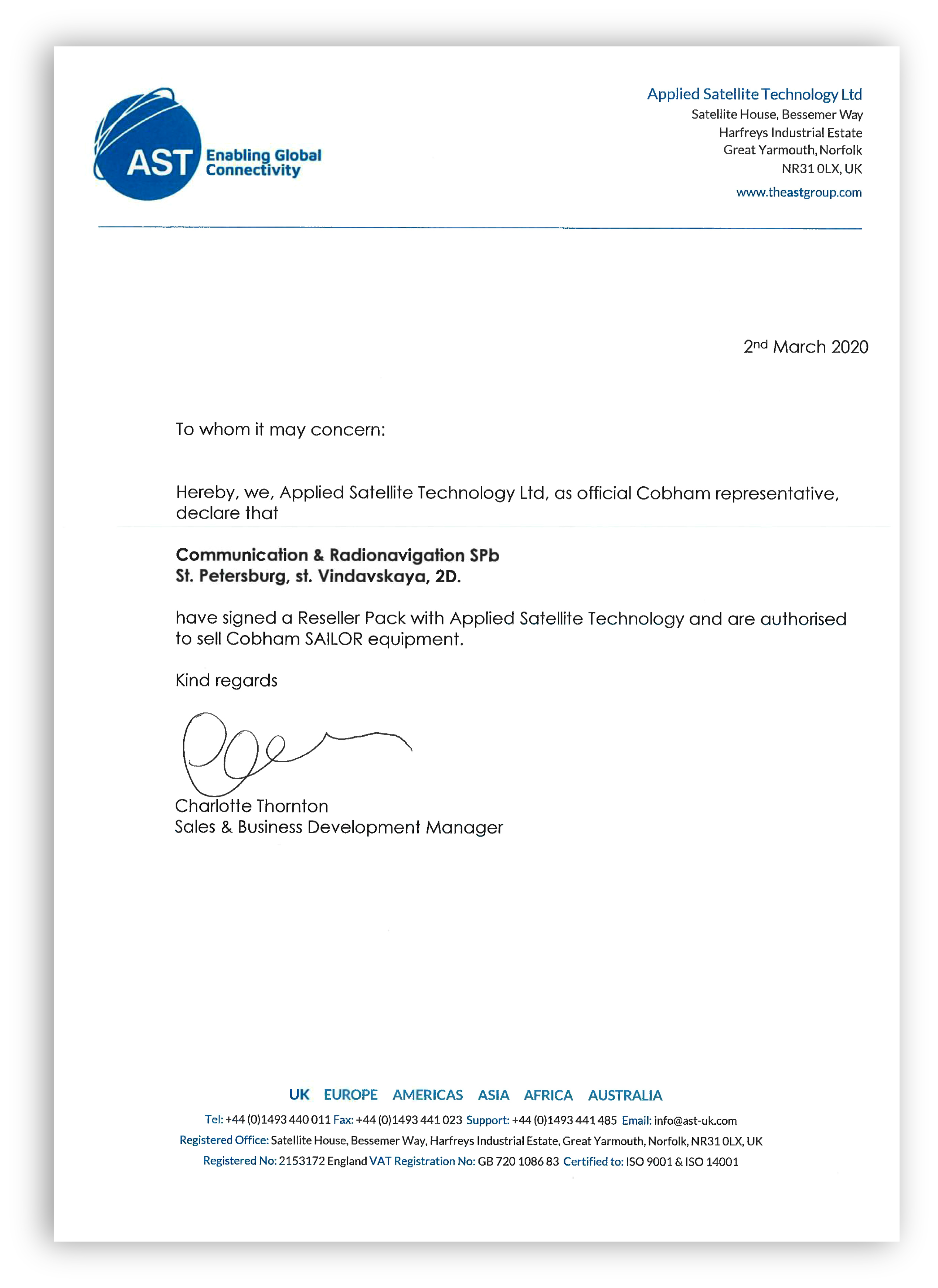Letter Applied Satelite Technoligy Ltd.